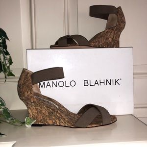 Manolo Blahnik Taupe Wedge Elastic Strap Espadrilles New Size 38